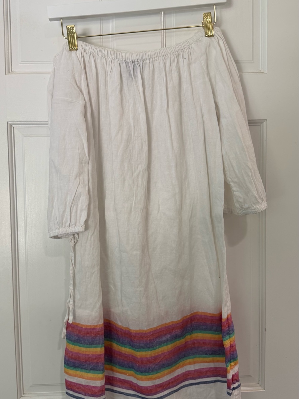 J. Crew White Off-Shoulder Dress with Rainbow Stripe Hem Size Small